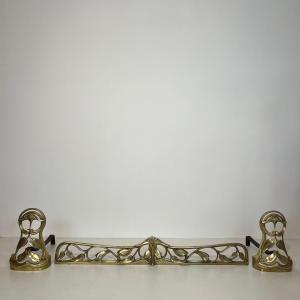 Pair Of Art Nouveau Bronze Andirons Decorated With Flowers And Foliage