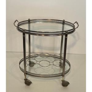 Oval Neoclassical Style Silvered Brass Drinks Trolley Attributed To Maison Jansen