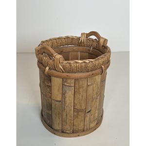 Rattan And Brass Wastebasket. French Work. Circa 1970