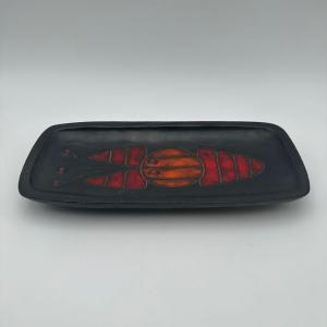 Black Ceramic Dish With Fish Decoration, By Oswald Tieberghien, Circa 1970
