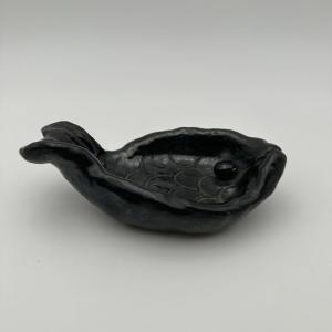 Black Ceramic Fish Vide-poche – Signed, France, Circa 1970