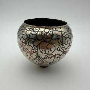 Art Deco Dinanderie Vase With Geometric Decor – France, Circa 1970