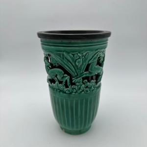 Green Ceramic Vase With Deer Motif – Signed Sainte Radegonde, France Circa 1970