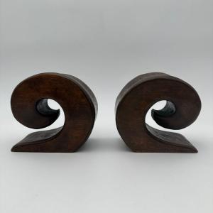 Pair Of Walnut Bookends – In The Style Of Alexandre Noll, France, Circa 1950
