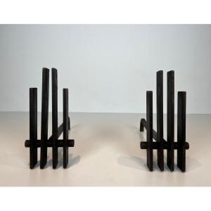 Pair Of Modernist Cast Iron And Wrought Iron Andirons