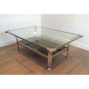 Large Design Chrome Coffee Table With Glass Shelves