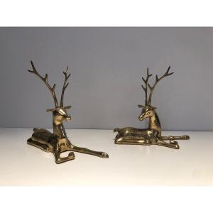 Pair Of "resting Stags" Bronze Sculptures With Shamanic Decor, French Work, 1970s.