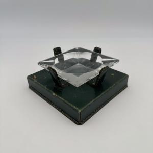 Green Leather And Crystal Ashtray In The Style Of Jacques Adnet, 1950s.