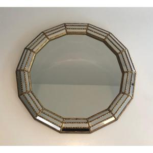 Octagonal Multi-faceted Wall Mirror With Brass Garlands, Circa 1970