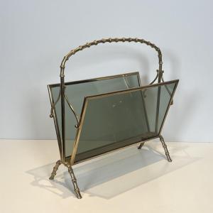 Faux-bamboo Brass And Smoked Glass Magazine Rack, Attributed To Maison Baguès, 1970s.