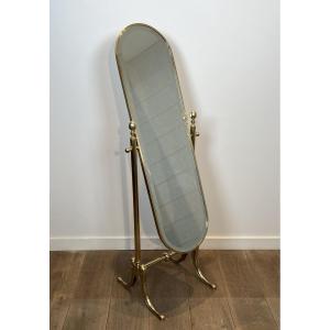 Polished Brass Cheval Mirror, Neoclassical Style Circa 1970.