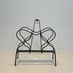 Black Lacquered Metal And Brass Magazine Rack, Attributed To Jacques Adnet, 1950s.
