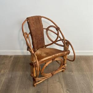 Organic Modernist Armchair In Rattan And Cowhide, Italian Work,1960s