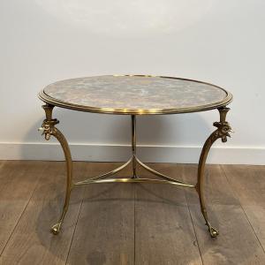 Round Tripod "rooster" Coffee Table In Bronze And Eglomise Mirror, Maison Charles, Circa 1940.