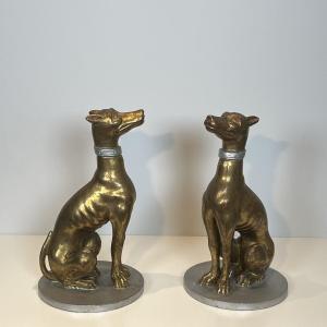 Pair Of Gilded Carved Wood "greyhound" Sculptures, Italian Work, Mid-20th Century.