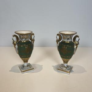 Pair Of Empire Style Porcelain Vases, Swan And Fasces Decor.