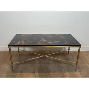 Neoclassical Style Brass Coffee Table With Chinoiserie Lacquer Top, Attributed To Maison Jansen
