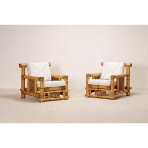Pair Of Large Bamboo Armchairs With Pierre Frey Cushions, French, Circa 1970