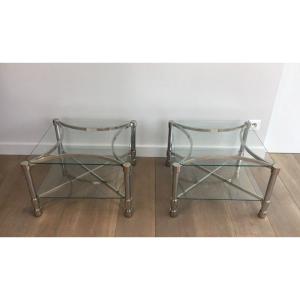 Pair Of Square Chrome & Glass Low Side Tables, Circa 1970