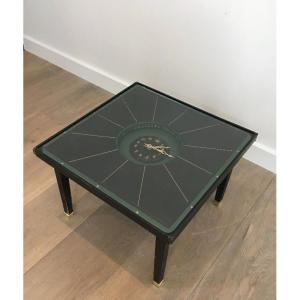 Rare Small Pendulum Table In Leather And Brass In The Manner Of Jacques Adnet. Circa 1950