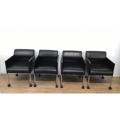 Rosenthal. Suite 4 Armchairs Leather And Metal Gloss Black. Around 1970