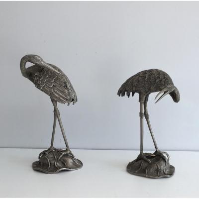 Pair Of Herons In Silver Metal. Attributed To La Maison Bagués. Around 1940
