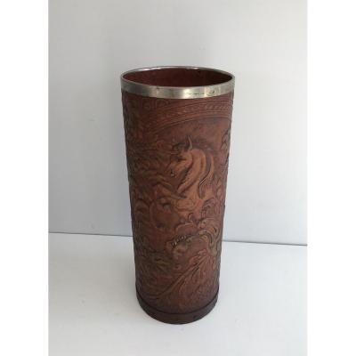 Boiled Cardboard And Metal Umbrella Stand With Unicorn Decor. Circa 1940