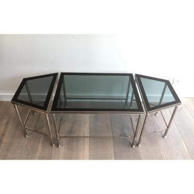 Rare Tripartite Nickel Coffee Table With Lacquered Glass Trays On The Rim
