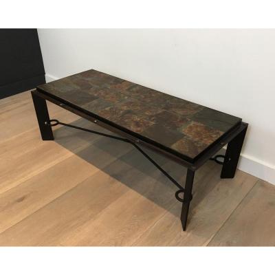 Rare Steel And Iron Coffee Table With Lava Stone Top. Circa 1940