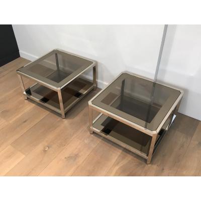 Pair Of Octagonal Chromed Sofa Tips Trays Of Tinted Glasses. Around 1970