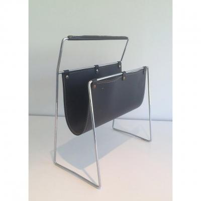 Magazine Rack In Chrome And Black Leather. Around 1970
