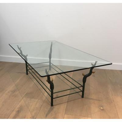 This Unusual Coffee Table Is Made Of Wrought Iron Black Lacquered And Gold Tree Branches With A Glass Top. This Is A French Work, In The Style Of Willy Daro, Circa 1970