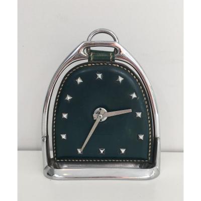 . Small Clock In Leather And Chrome. Around 1950