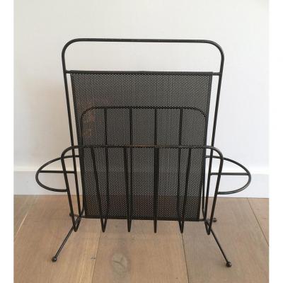 . Magazine Rack Design Metal Lacquered Black And Perforated Metal. Around 1950