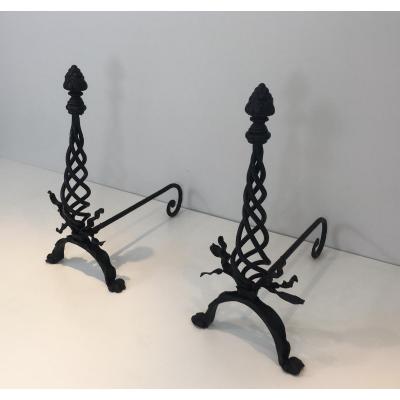 Pair Of Twisted Wrought Iron Andirons Topped With A Pine Apple.