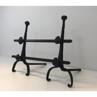 Pair Of Wrought Iron Andirons With Double Bars. Around 1900