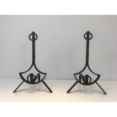 Pair Of Modernist Wrought Iron Andirons. French. Circa 1940 
