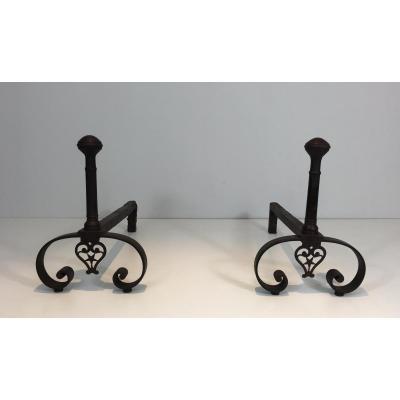 Pair Of Wrought Iron Andirons. French. 18th Century 