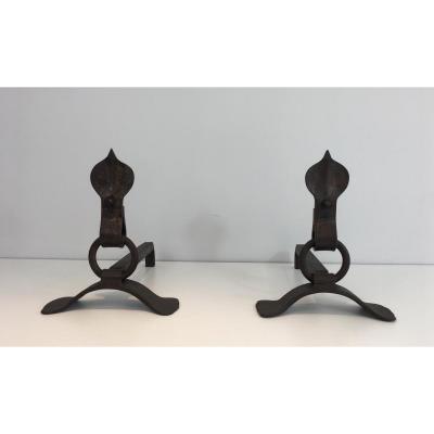 Pair Of Modernist Wrought Iron Andirons. French. Circa 1940