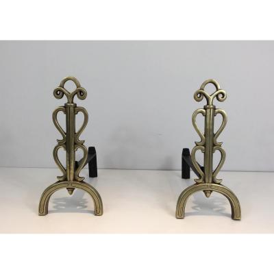 In The Style Of Raymond Subes. Bronze And Iron Andirons. Signed. French. Circa 1940 