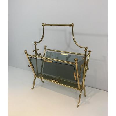 Neoclassical Brass Magazine Rack With Blueish Glass Panels. French. Circa 1960