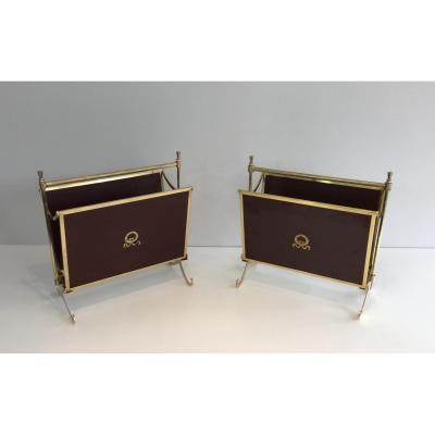 Attributed To Maison Jansen. Rare Pair Of Neoclassical Mahogany And Brass Magazine Racks. Circa