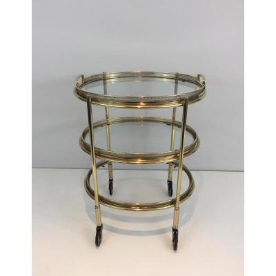 Delicate Neoclassical Oval Brass Trolley With 3 Removable Shelves. French. Circa 1940 