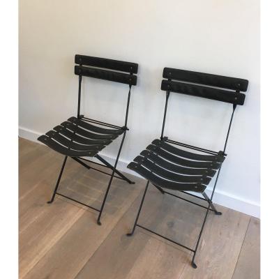 Pair Of Black Leather And Metal Chairs. Circa 1950