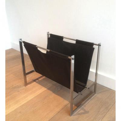In The Style Of Poul Kjaerholm. Interesting Brished Steel And Leather Magazine Rack. Circa 1950