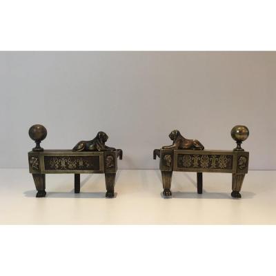 Pair Of Empire Period Bronze Andirons With Lions. French. Circa 1850