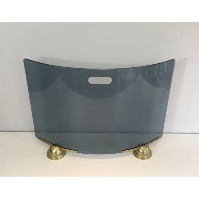 Fontana Arte. Modernist Curved Blue Glass And Brass Fire Place Screen. Italy. Circa 1970
