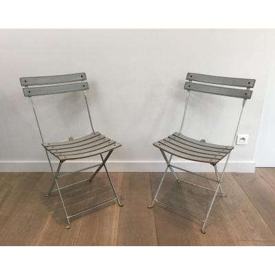 Pair Of Grey Leather And White Lacquered Metal Folding Chairs. Italian. Circa 1970