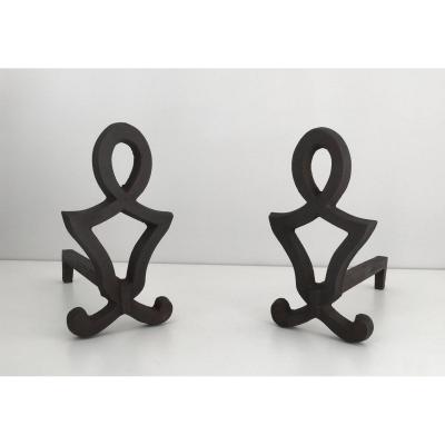 Modernist Cast Iron Andirons. French. Circa 1950