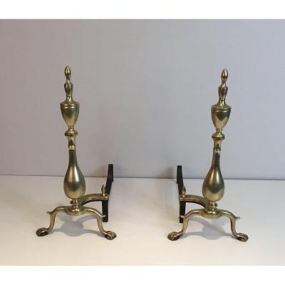 Pair Of Neo-gothic Bronze And Wrought Iron Andirons. French. 19th Century